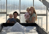 Kristel and family at Kona Deep sea salt farm Hawaii, Deep sea salt crystals harvested by hand in Hawaii, Solar evaporation ponds at Kona Deep salt farm, Pure Hawaiian deep sea salt crystals close up